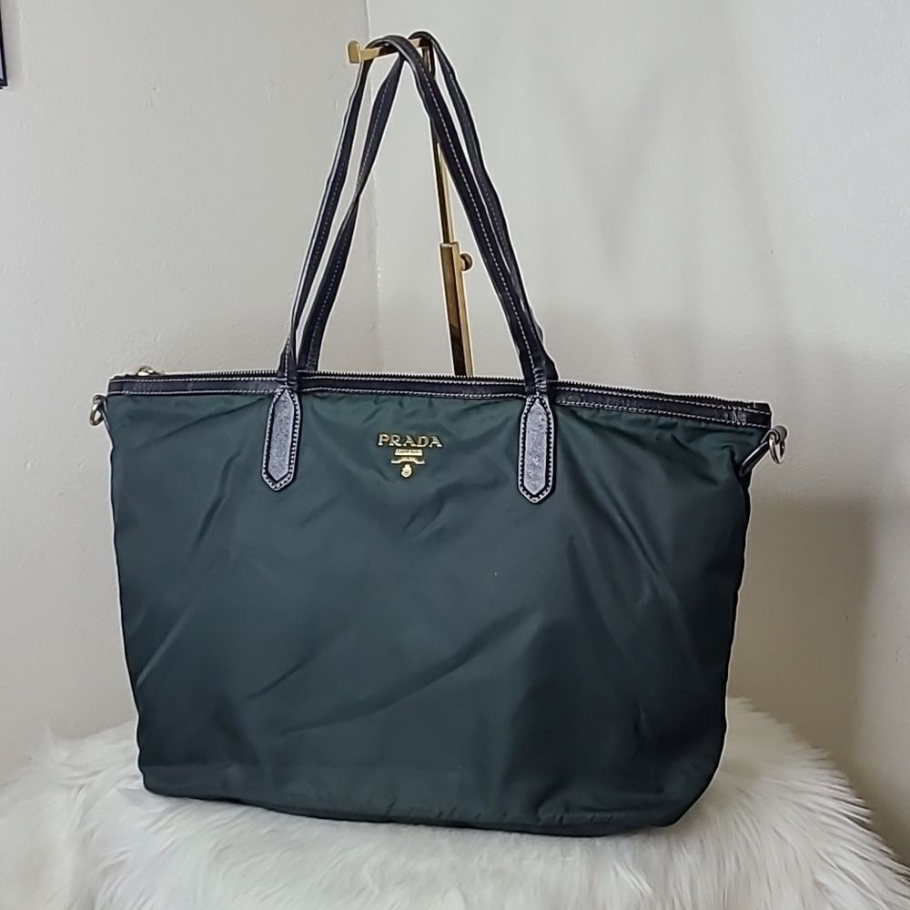 Prada Tessuto Nylon Saffiano Leather Large Tote Bag Green Gold Hardware